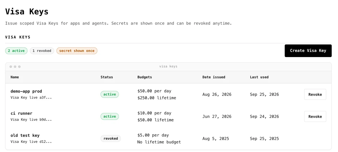 Visa Keys page: scoped API keys for apps and agents with per-day and lifetime budgets (preview data)